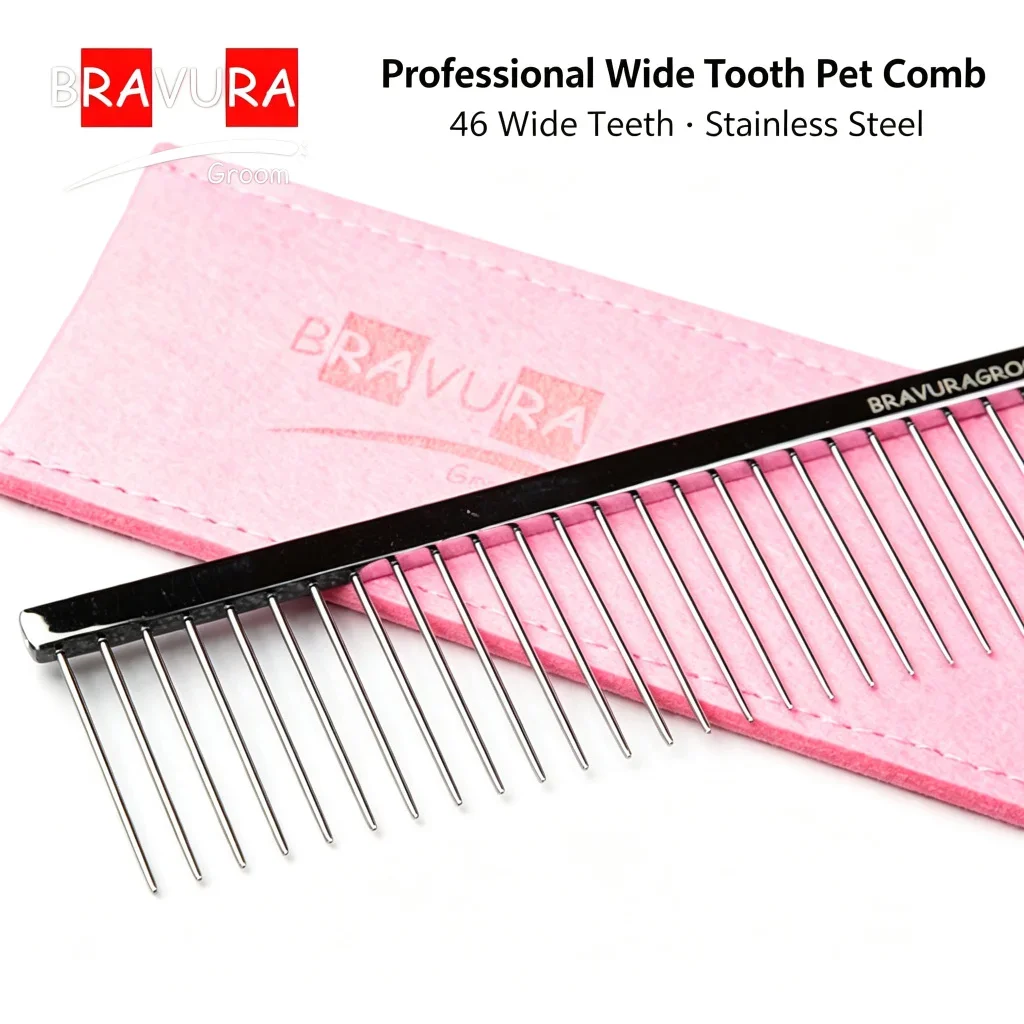 BRAVURA Groom Professional Wide Tooth Pet Comb 46 Teeth Stainless Steel 24cm Dog Cat Grooming Tool for Detangling Fluffing Deshe