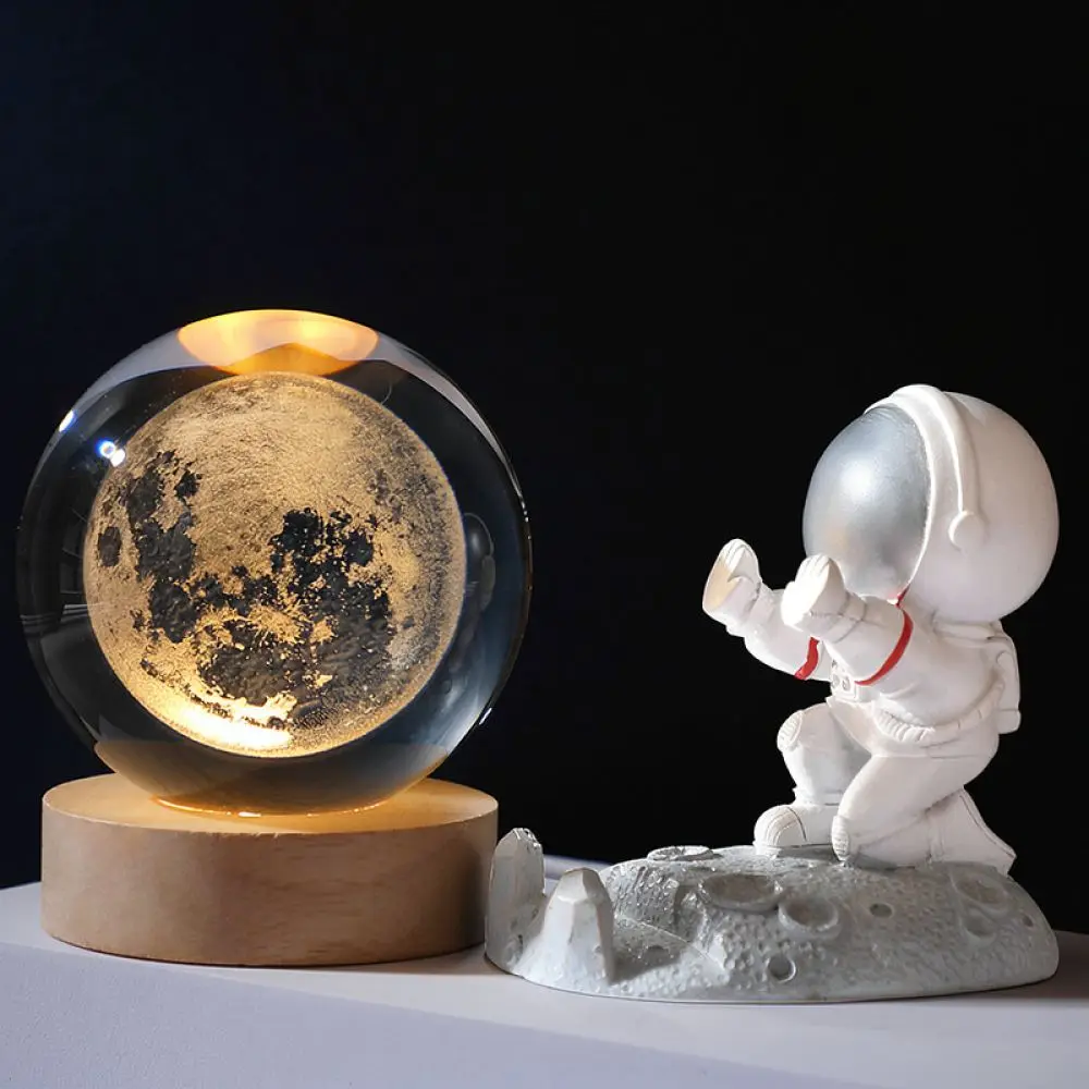 LED Crystal Ball Lamp Solar System Galaxy Desk Decoration Glowing Sphere With Wood Stand Unique Creative Home Decor
