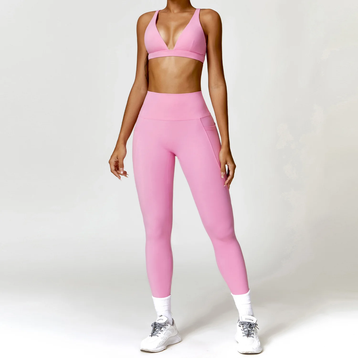 Moditin Fitness Gymset Voor Vrouwen Mooie Sexy Bh Tops Hoge Taille Naadloze Leggings Strakke Broek Met Zakken