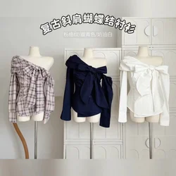 Bow Shirts & Blouses Autumn Women's Clothes Women Shirts 2024 Korean Dongdaemun Plaid Shirt Y2K Top Korean Clothing Women Top