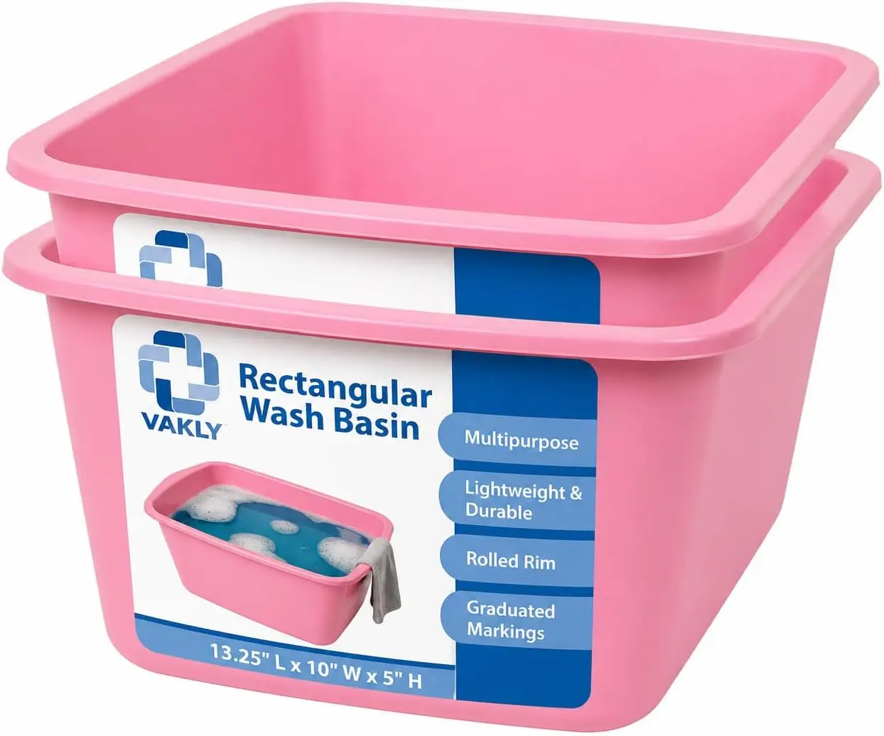 

Rectangular Plastic Wash Basin 7-Quart 2-Pack Pink with Graduated Markings for Soaking Laundry Foot Bath Face Washing