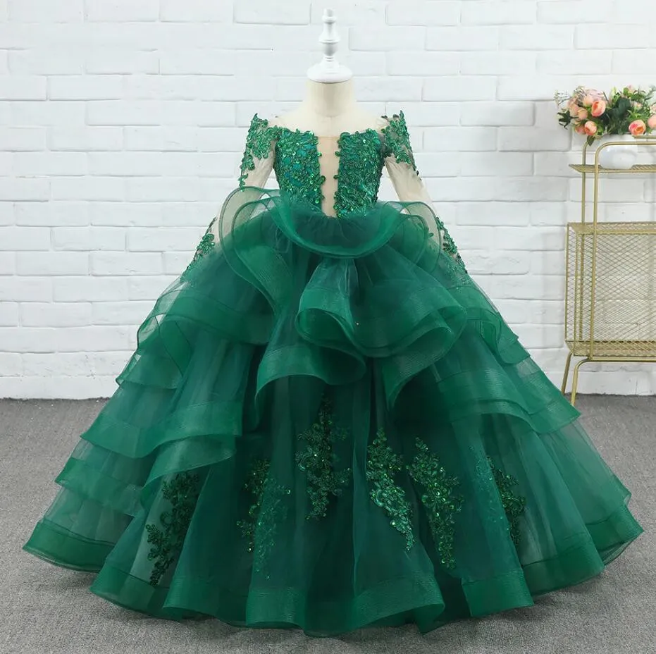 Gorgeous Emerald Green Ball Gown Princess Flower Girl Dress Wedding Corset Back Long Sleeves Kid First Communion Gown