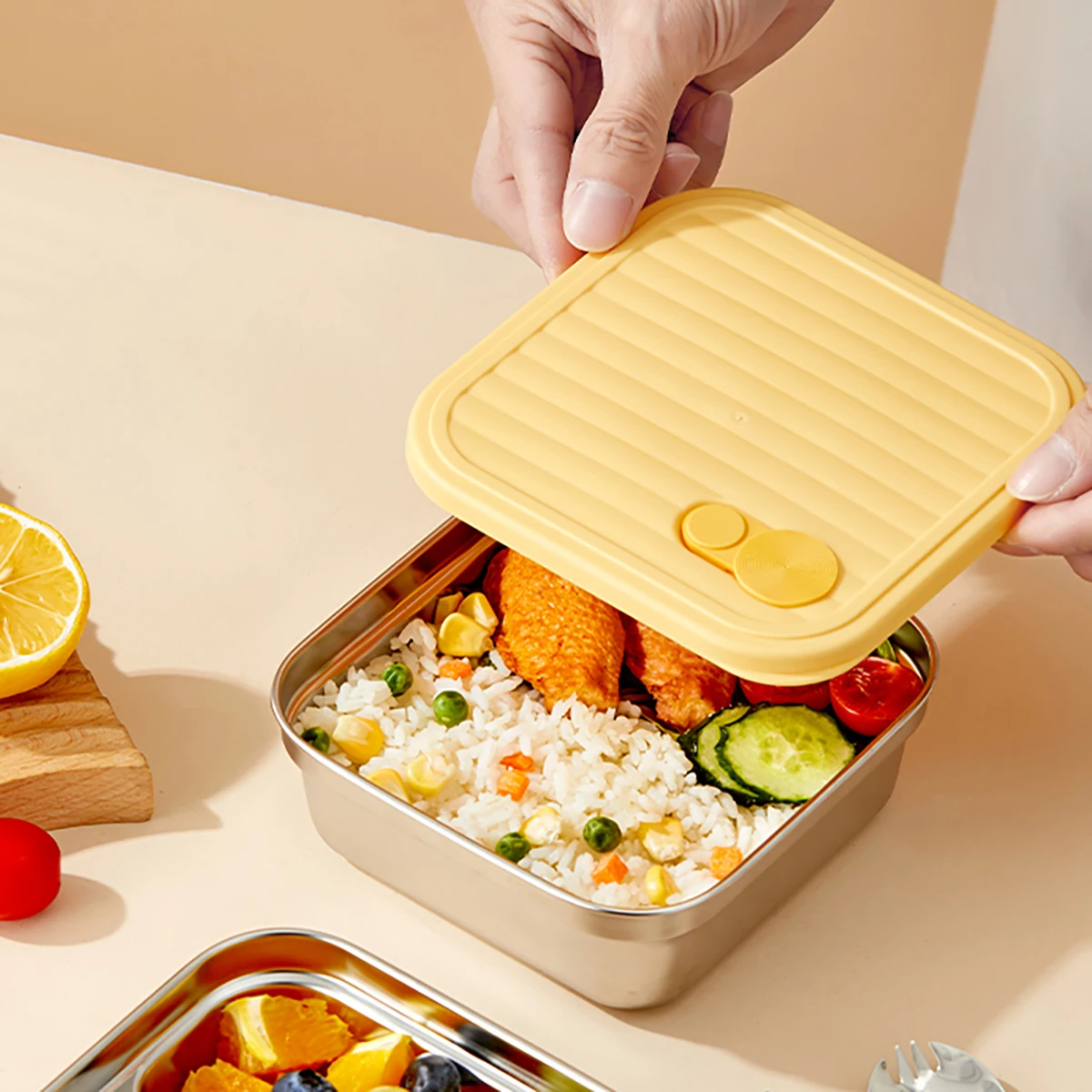 WORTHBUY Lunchbox aus Edelstahl 304, mit Deckel, tragbarer Obstsalat-Lebensmittelbehälter, stapelbar, auslaufsicher, Bento-Box für Studenten – Detail 6