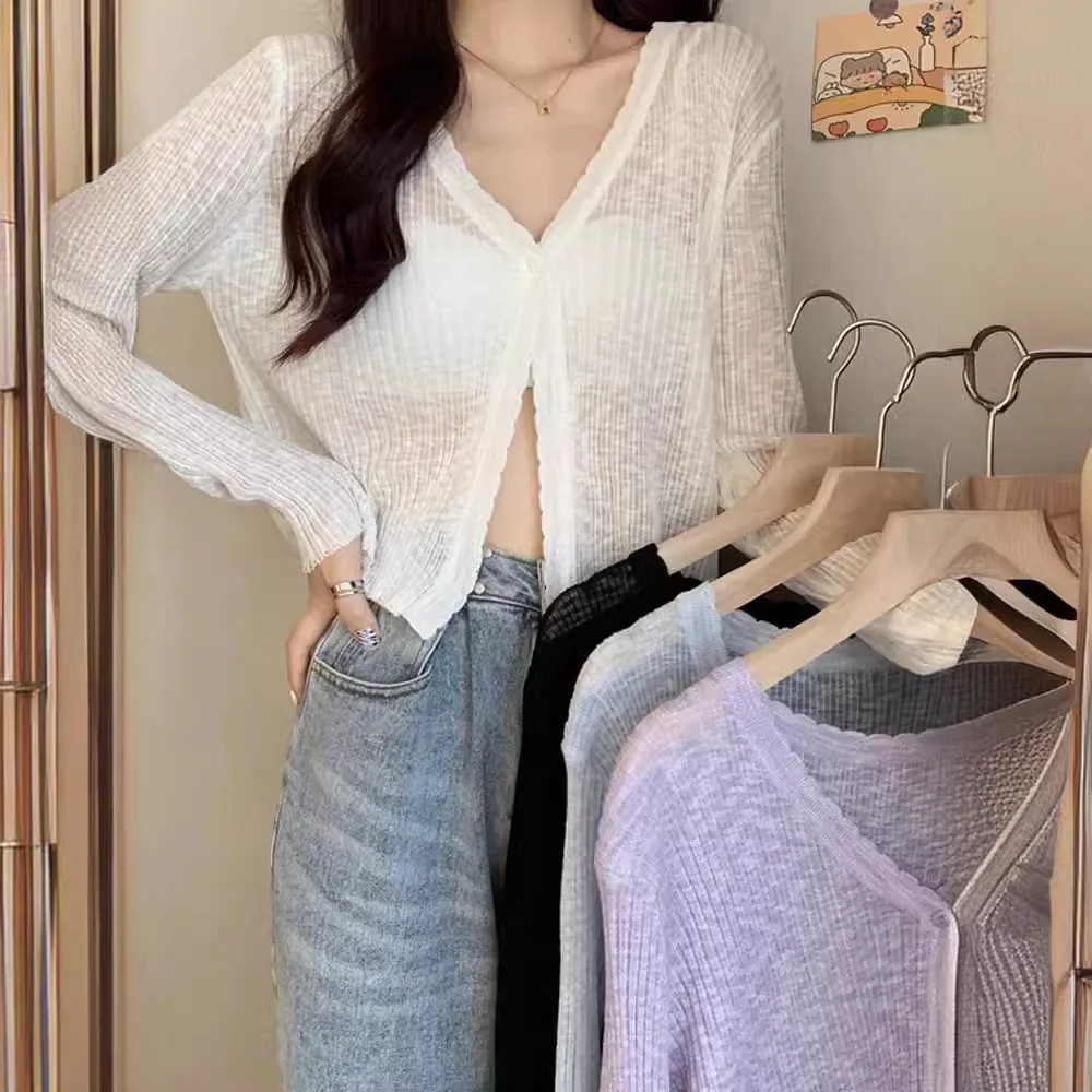 Summer Cardigan Women's Knit V-Neck Button up Solid Color See through Crop Top Korean Style Thin Loose Light Weight Cute Beachwe