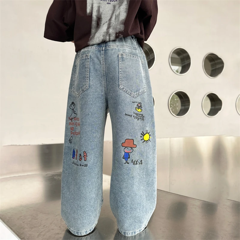 New Autumn Boys Girls Fashion Cartoon Jeans Trousers Korean Kids Child Loose Straight Denim Pants 5 6 7 8 9 10 11 12 13 14 Year