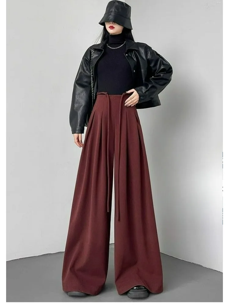 Women's Grey-Toned Wool Blend Wide-Leg Pants, High-Waisted Tailored Trousers with Draping Effect