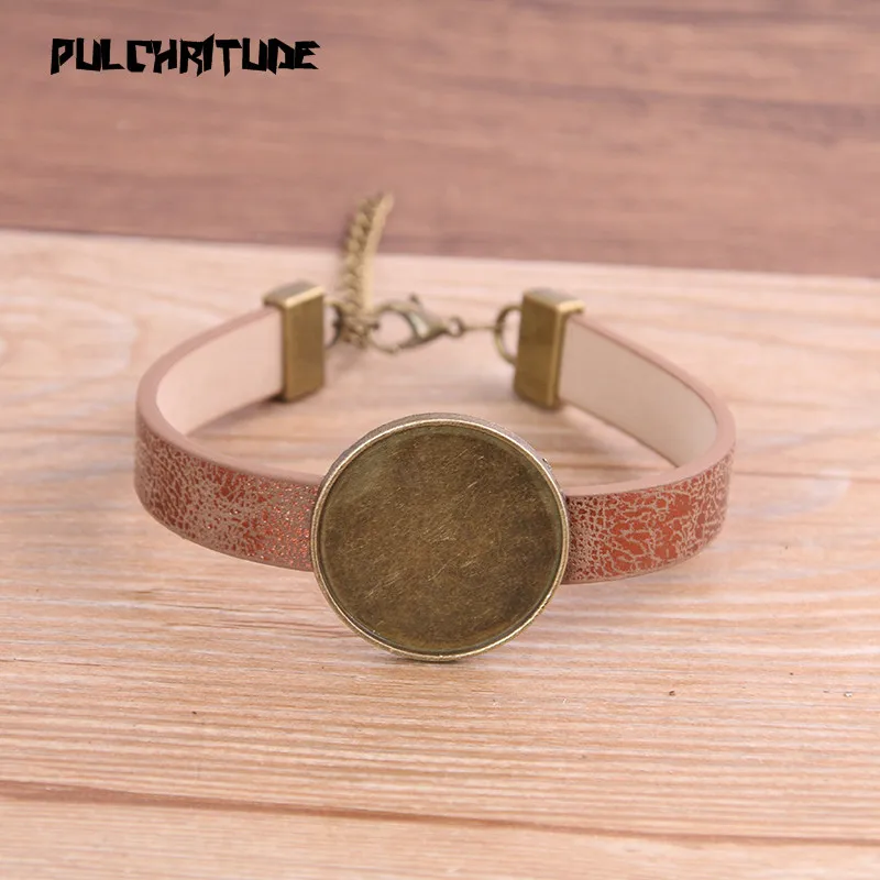 1pcs 5Color Pattern PU Bracelet Bronze Round Base Setting Cuff Blank Trays Brazel Fit 25mm Glass Cameo Dome Cabochon DIY Jewelry