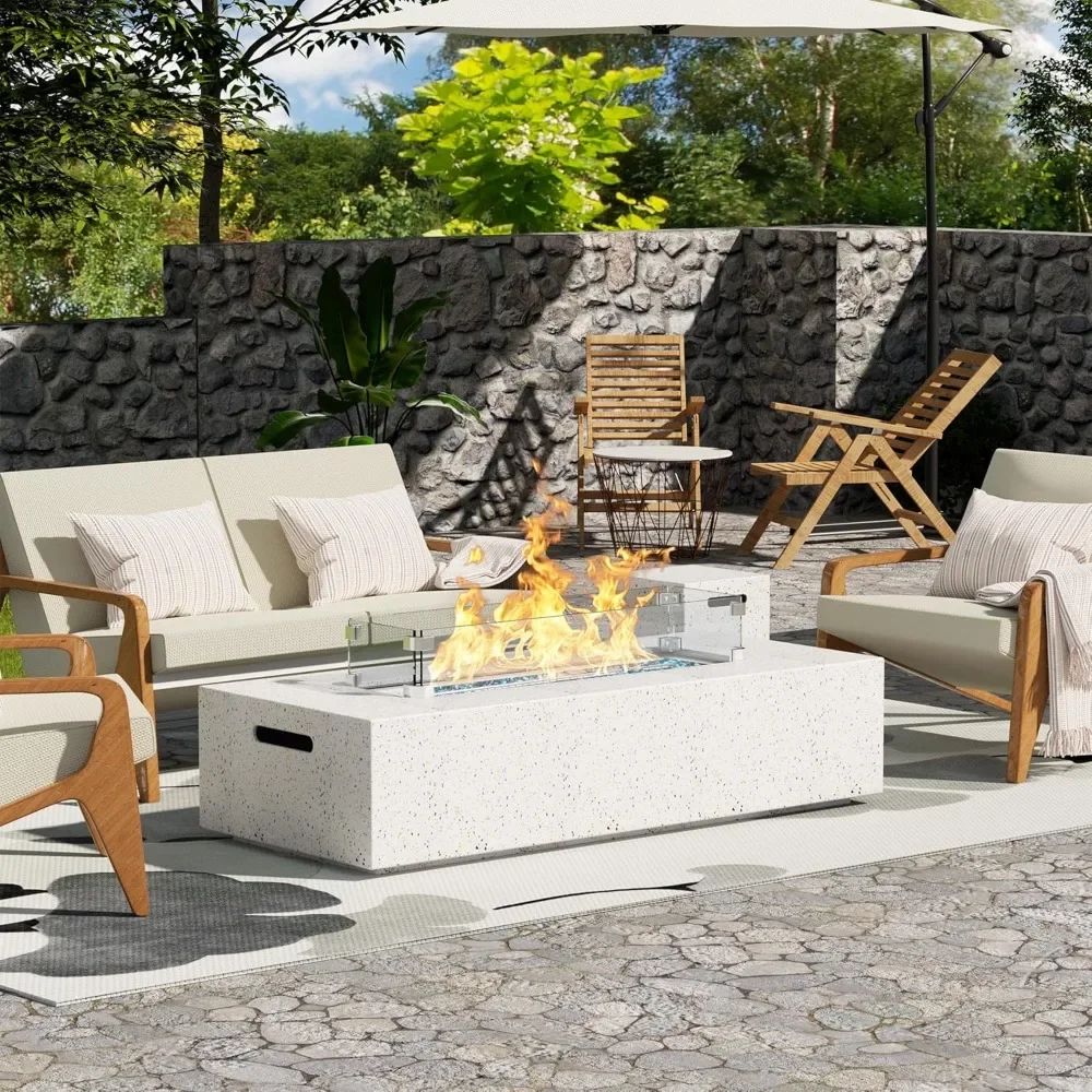 56 Inch Propane Fire Pit Table, Outdoor Rectangle Fire Table w Tank Table (50,000 BTU), 3 Piece Gas Fire Pit w Glass Wind Guard