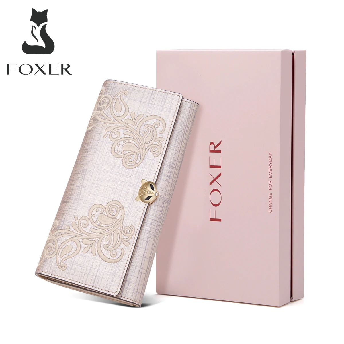 FOXER Split Leather Long Wallet Floral Embroidery Women's Clutch Multi Card Slots Wrist Phone Bag Photo Holder Pocket Coin Purse