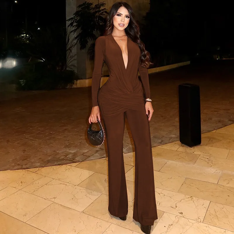 

2025 Autumn Women's Solid Color Long Sleeved Deep V-neck Fashionable Pleated Slim Fit Jumpsuit