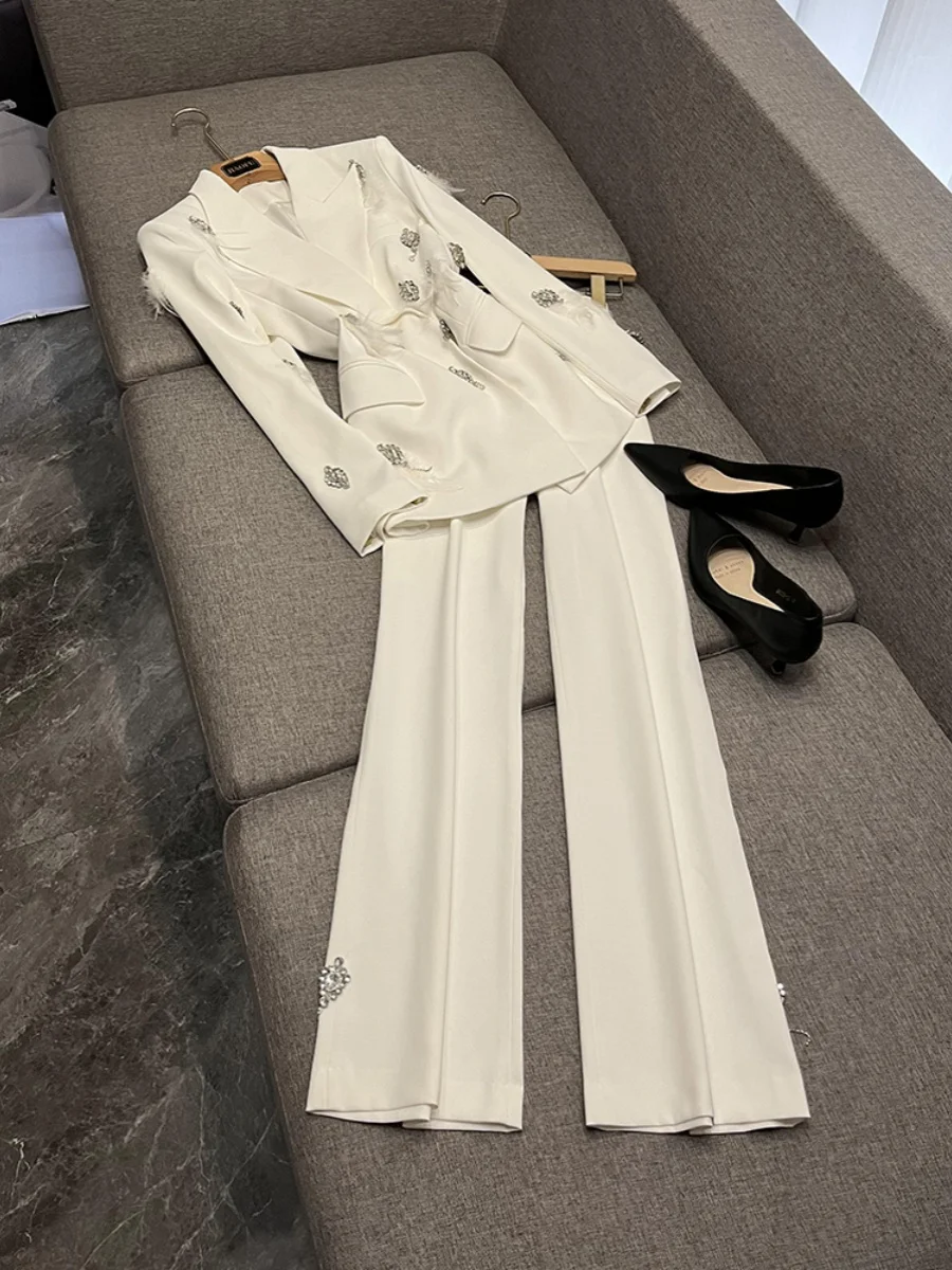 

Ele Ladylike Suit Set Women's Rhinestone Feather Micro Flared Pants Two Piece Set High End Faion for Ages 25-35