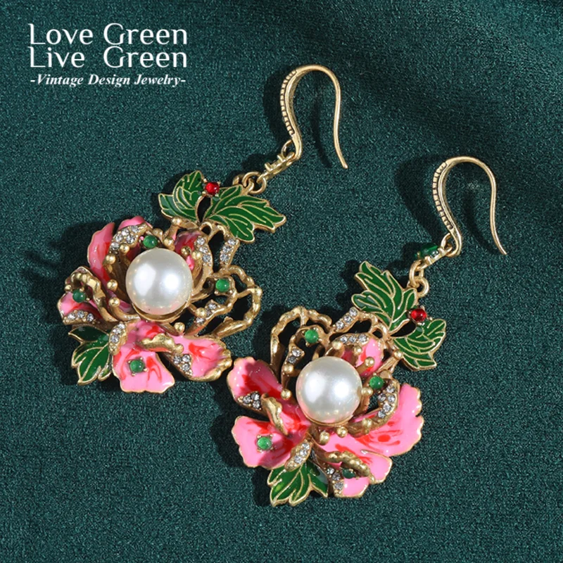

Vintage Antique Peony Pearl Flower Earrings Drop Gold Color Large Luxury Jewelry Designer Trendy 2025 Quality Christmas New