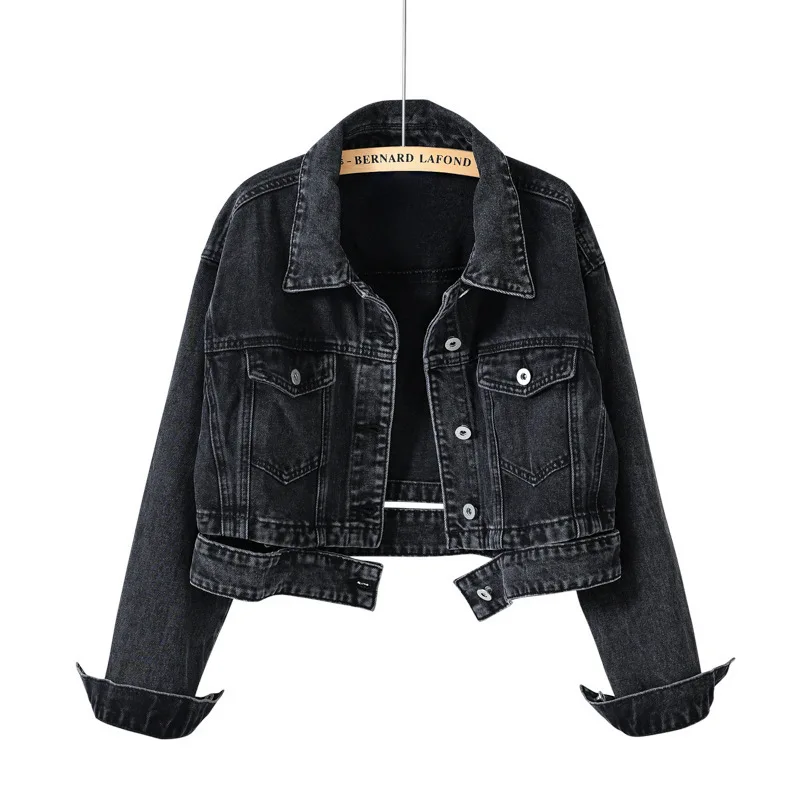 Women's Trendy Streetwear Spring Autumn New Black Short Denim Coat Female Vintage High Waist Long Sleeve Jean Outerwear