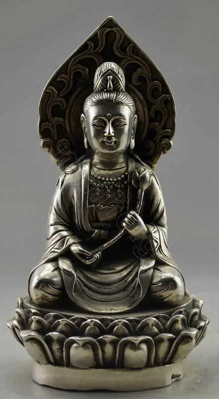 antique BuddhismOld Handwork Tibet Silver Carve Kwan-yin Padmapani Statue Buddha