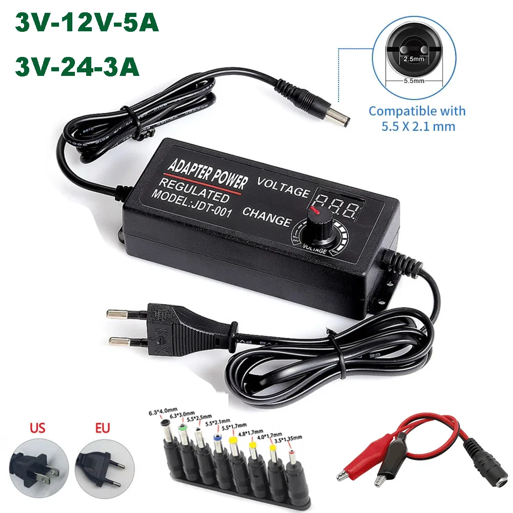 Adjustable AC To DC Power Supply 3V 5V 6V 9V 12V 15V 18V 24V 3A 5A Power Supply Universal 8 Pin DC 48W 60W 72W Adapter
