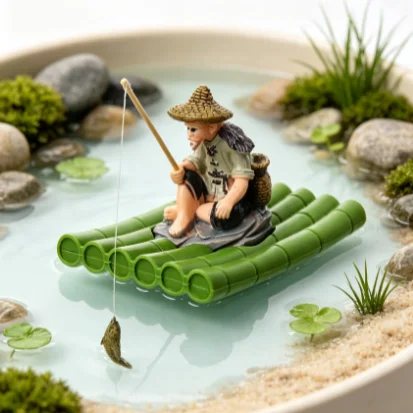 Hot Sale Floating Bamboo Raft Fishing Ornament Feeding Platform For Miniature Landscape Garden Statue Outdoor Decor Supplies