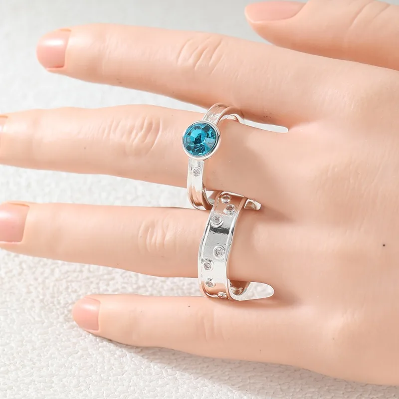 Vintage Inlaid Sea Blue CZ Women's Set of Rings Trendy Silvery Color Hand Carving Daily Wear Party Jewelry Anniversary Gift