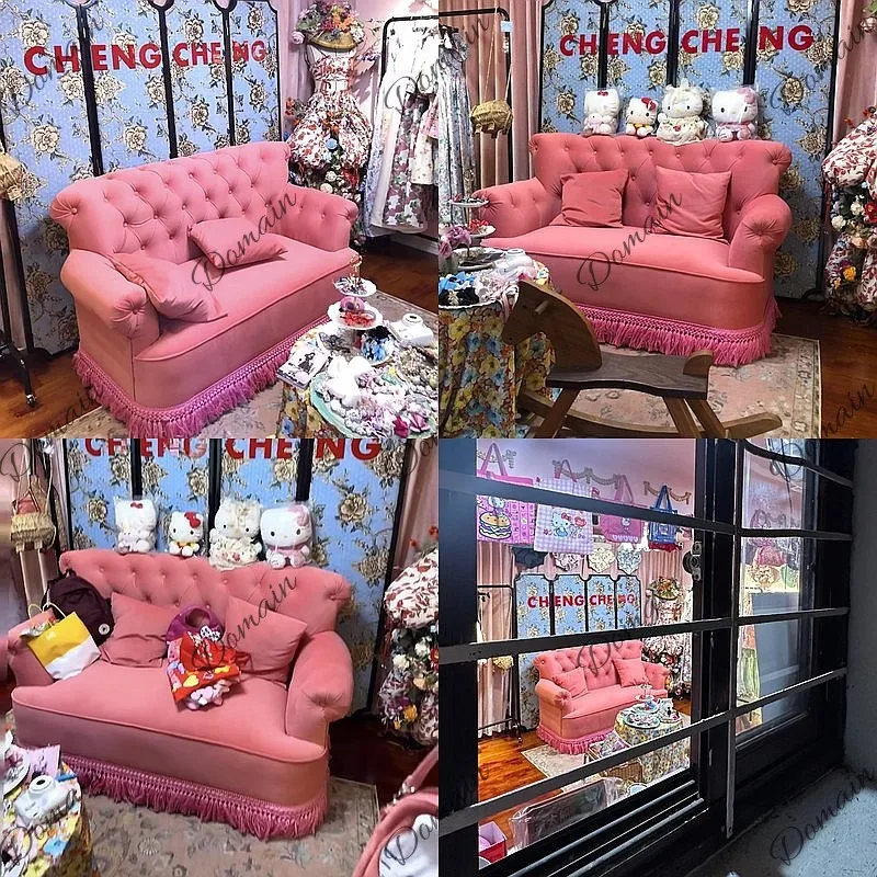 Nanyang retro pink sofa French double fringed photography gallery photo medieval buckle