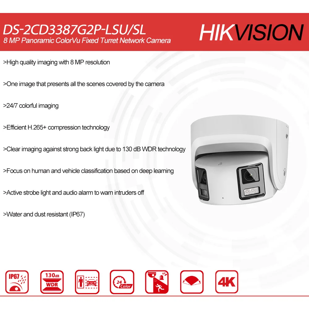 Hikvision Original DS-2CD3387G2P-LSU/SL 8 MP 4K Dual Lens Panoramic ColorVu Fixed Turret Strobe Light Audio Alarm Network Camera