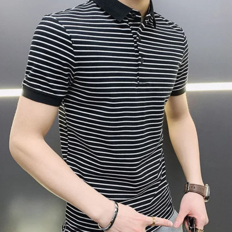 Man with collar tee shirts streetwear top striped black vintage clothing polo T shirt for men plain trashy Y2K s cotton white XL