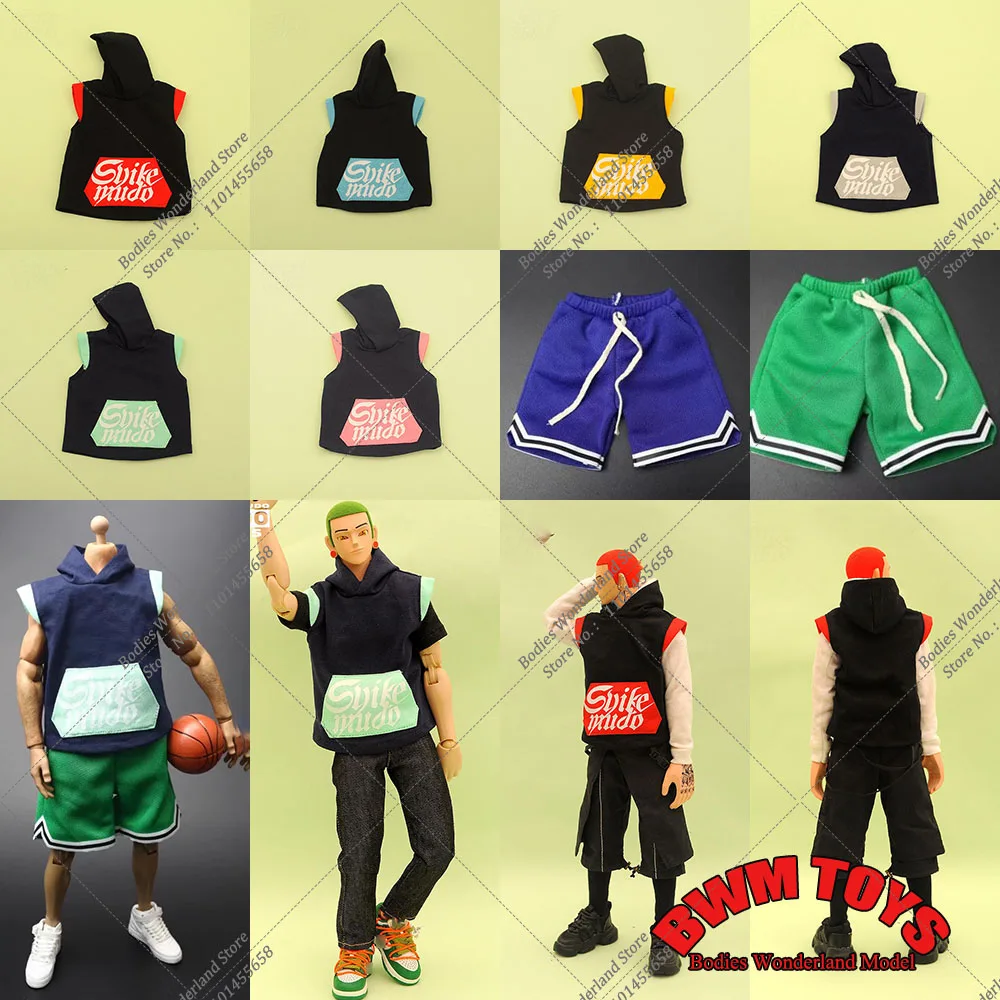 SKM018 1/6 Scale Men Solider Sports Clothes Trendy Sleeveless Hooded Vest Basketball Shorts for 12Inch Male Action Figure Doll