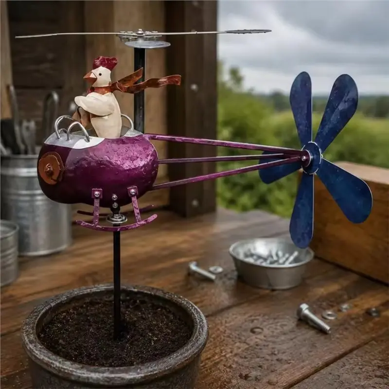 SYW-Whimsical Helicopter Wind Spinner - Fun Metal Chicken Weather Vane For Garden, Patio, Yard Decor