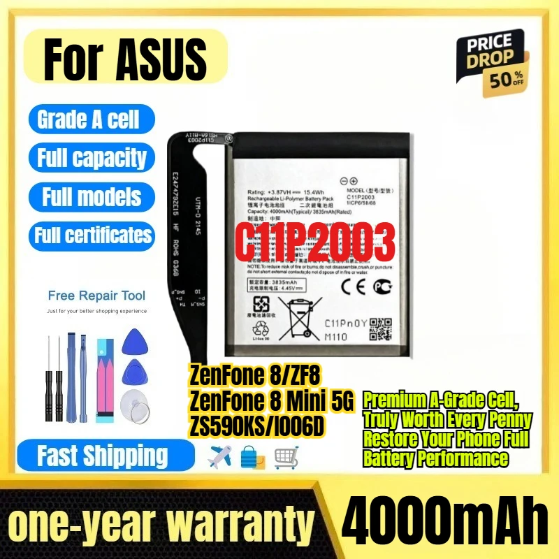 C11P2003 for ASUS ZenFone 8/ZF8/ZenFone 8 Mini 5G/ZS590KS/I006D Mobile Phone Battery Replacement Bateria Grade A Cell with Tools