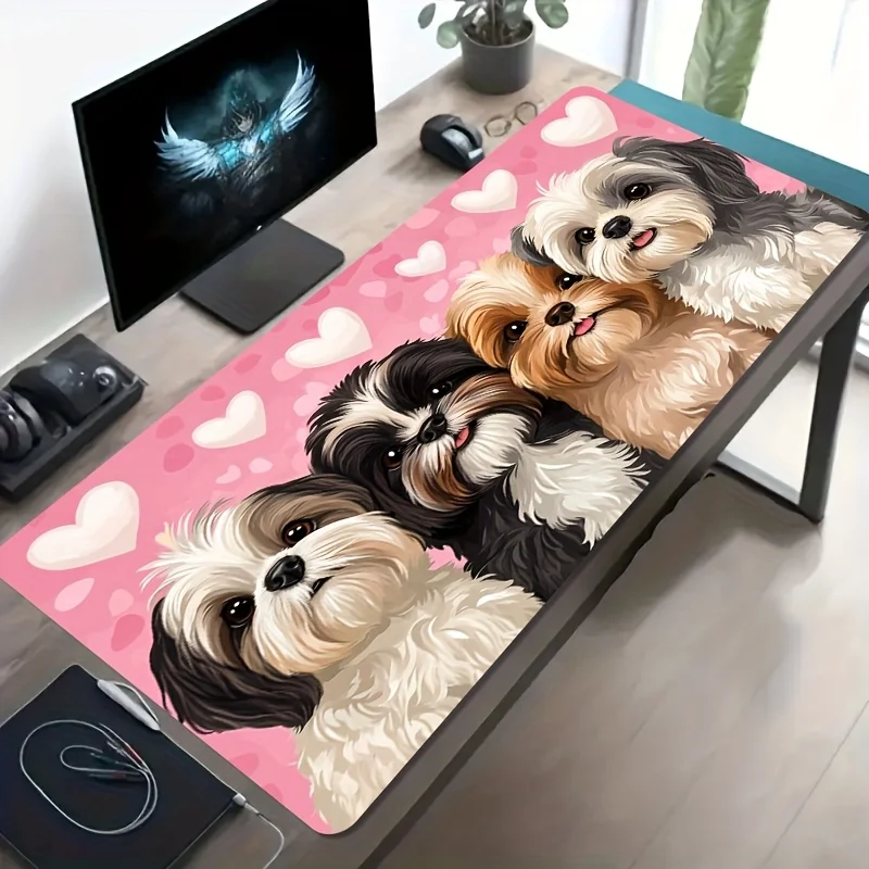 Cute Shih Tzu Puppies and Pink Hearts Extra-Large Gaming Mouse Pad Non-Slip Rubber Desk Mat