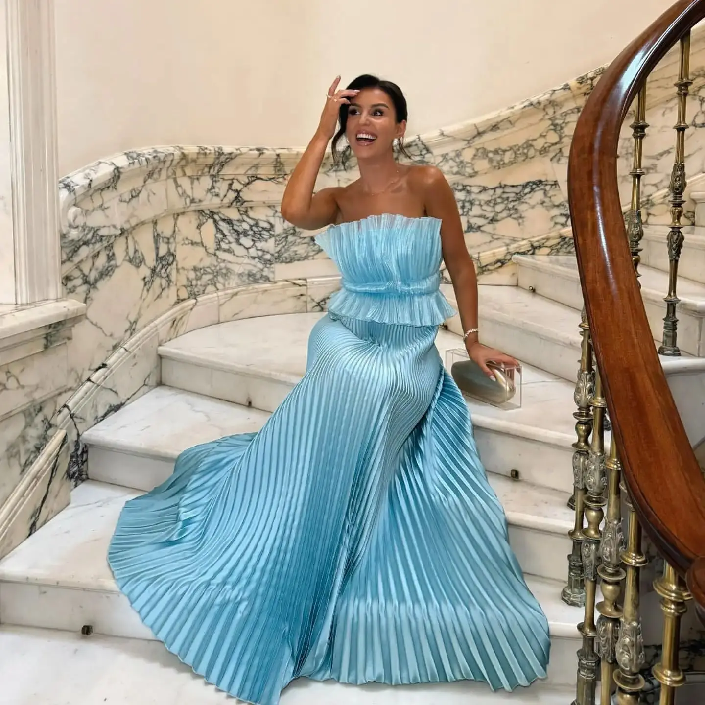 

Ofherown Shiny Blue Pleat Evening Dresses A Line Elegant Silk Chiffon Prom Gown Strapless Vestidos De Fiestas Special Occasion