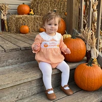 FOCUSNORM 0-18M Fall Baby Girls Halloween Plaid Romper Pumpkin Embroidery Doll Collar Long Sleeve Jumpsuits for Infant 4