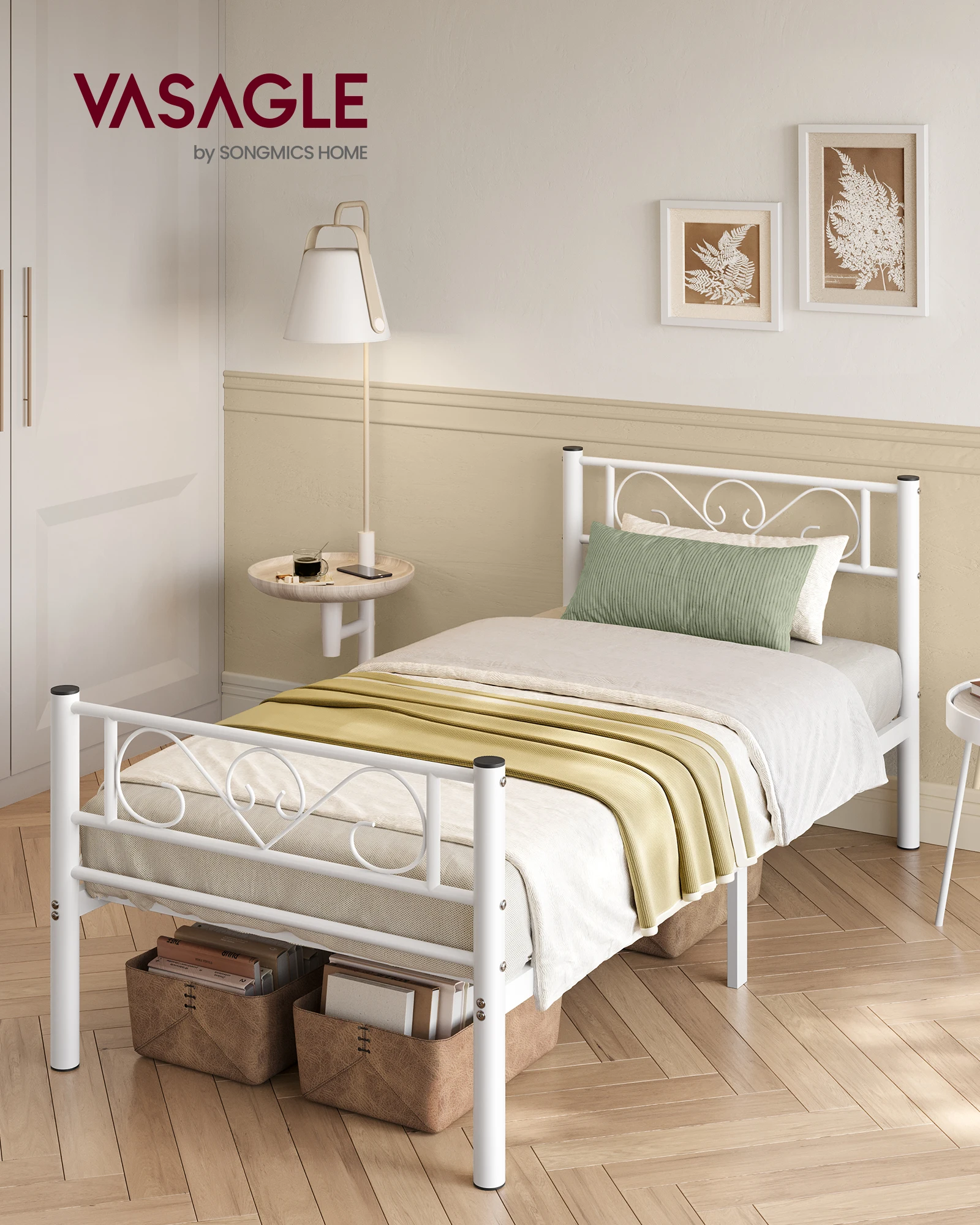 VASAGLE Bett 90 x 200 cm, Gästebett, Einzelbett aus Metall, Bettgestell, Bettrahmen, Metallbett, einfache Montage