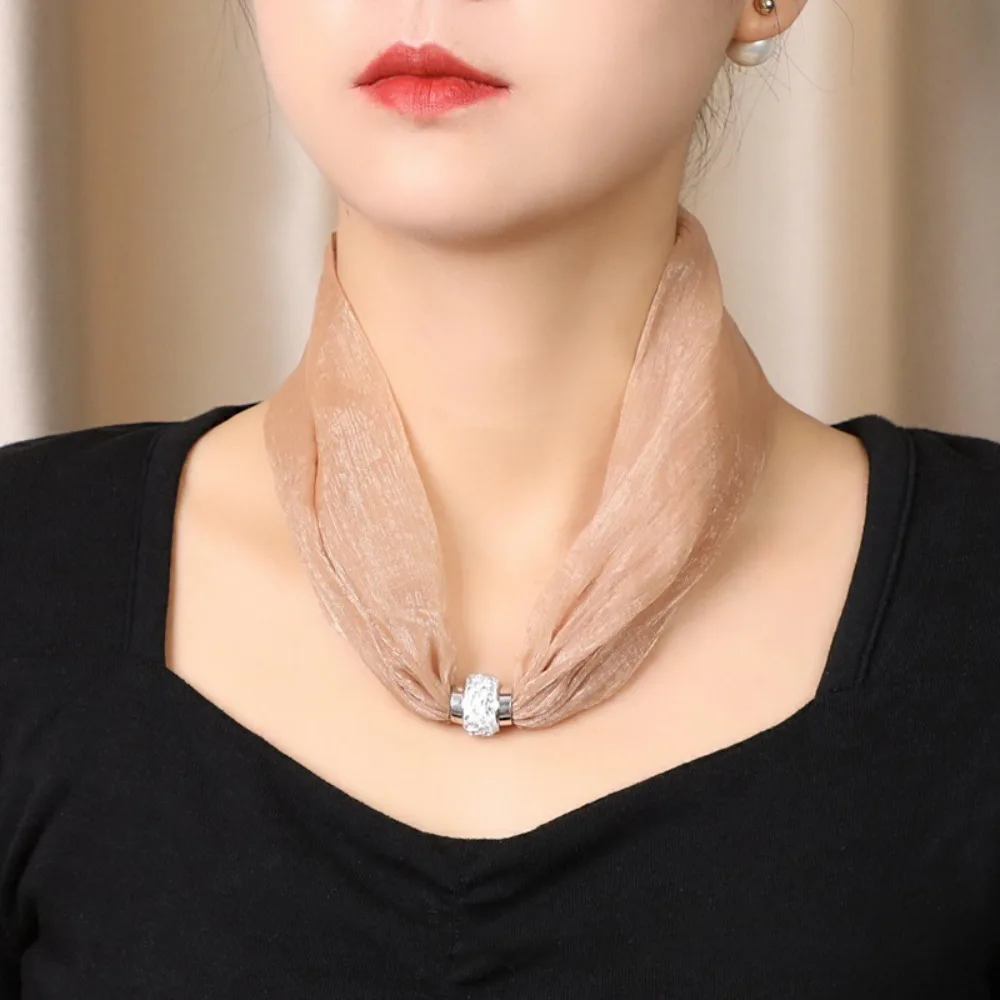 Fashion Magnetic Buckle Women Scarf Solid Color Soft Silk Scarf Banquet Neck Wrap Scarf