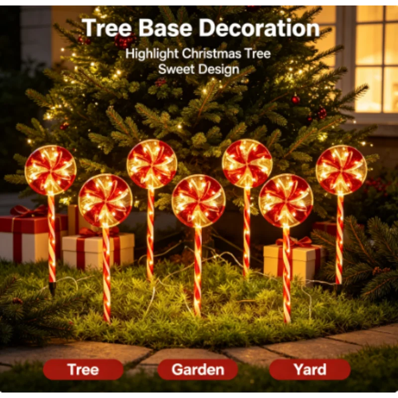 Christmas Candy Solar LED Light Lollipop Outdoor Ground Stake, 5 Pcs/Set Waterproof for Garden Courtyard Lawn Decoration