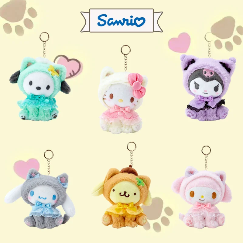 Sanrio Cat Series Plush Toy Keychain Hello Kitty Cinnamoroll Pochacco Pompompurin Kuromi Melody Cartoon Soft Doll Pendant Gift