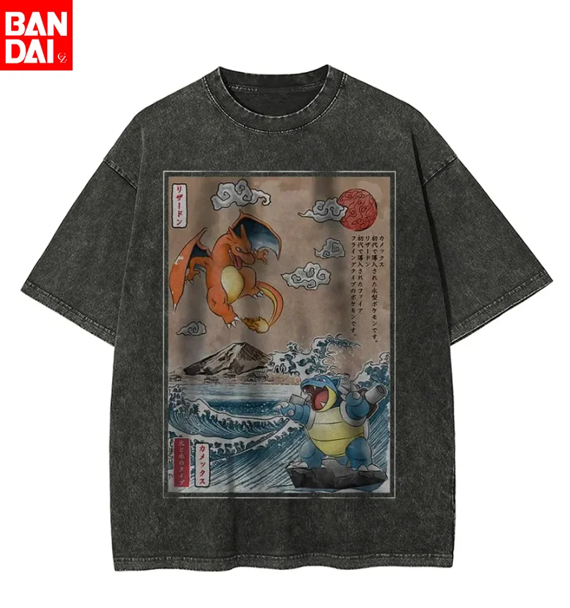 Pokemon The Starters Abbey Road Parodie T-Shirt Herren 2026 Sommer Vintage Acid Wash Übergroßes T-Shirt Anime Streetwear
