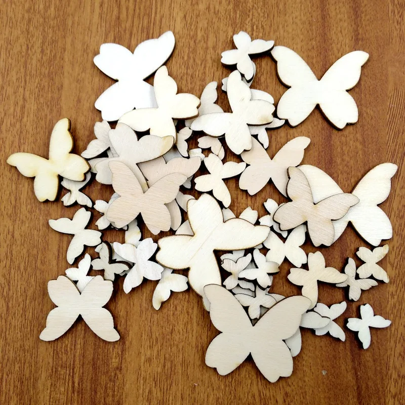 DIY Wooden Chip Art Wood Crafts Supplies Creative Material Party Wedding Decoration 50 Pcs Natural Blank Butterfly Wood Slice