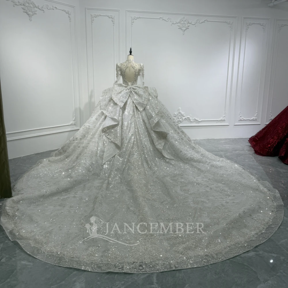 Gorgeous and Sparkling High Collar Wedding Dress Long Sleeves Ruffles Bridal Ball Dress Customization vestidos de novia boda