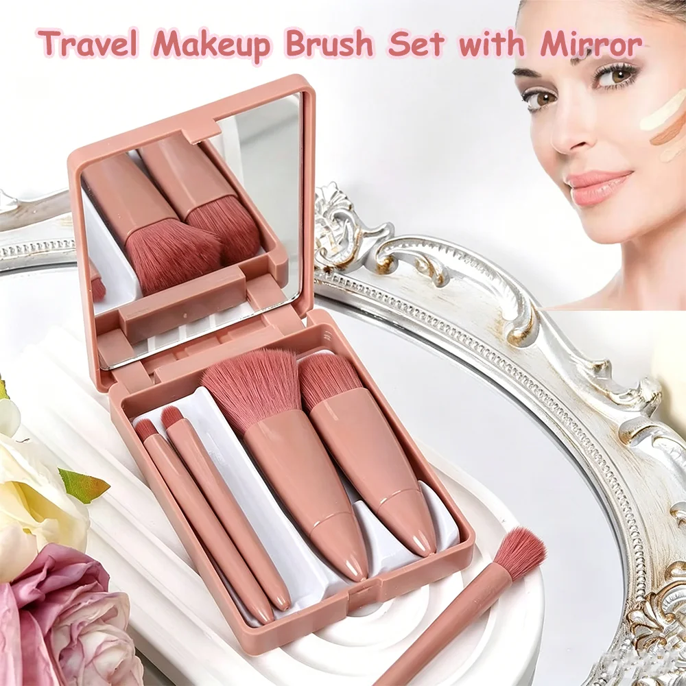 5PCS Mini Travel Makeup Brush Set with Mirror Small Complete Function Cosmetic Brushes Kit  Portable Makeup Kit