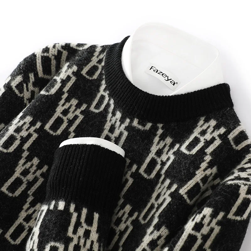 

High-End Color-Block 100% Pure Wool Sweater Men's Round Neck Long Sleeve Autumn Winter New Knitted Casual Cashmere Base Shirt