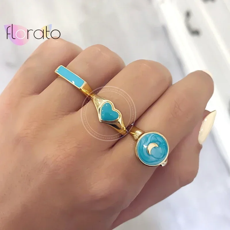 24k plated gold trendy Design colorful Enamel Rings For Women Minimalist Flower For Ladies Wedding Party Engagement Jewelry Gift