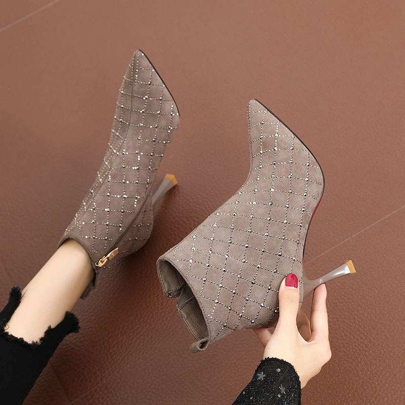 Shoe Women\'s Autumn Boots Heeled Shoes Botins Luxury Brand Woman Stripper Heels Vintage Sexy Rhinestone Ankle 2022