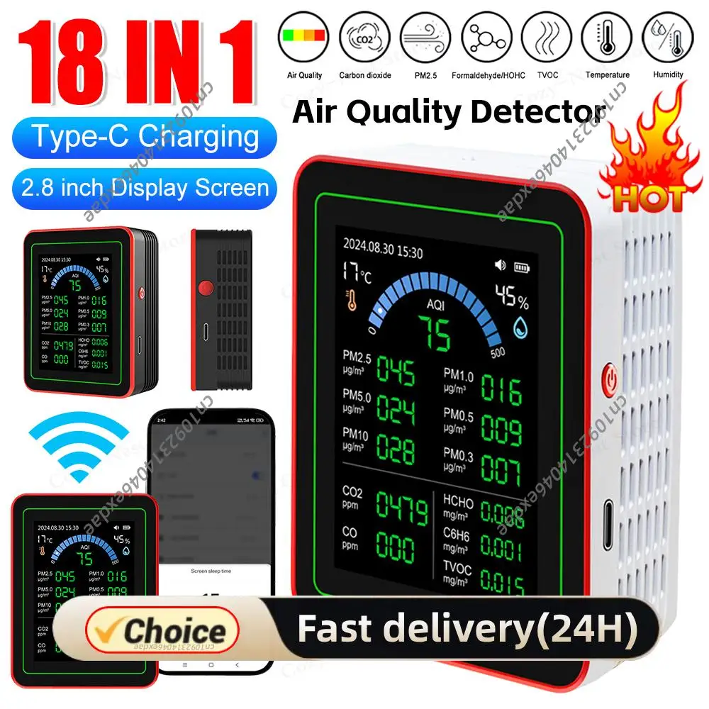 

18 In 1 Air Quality Monitor Sensors Detect CO2 PM2.5/PM10 HCHO TVOC TFT Display Air Quality Meter for Home Cars Plants and Pets