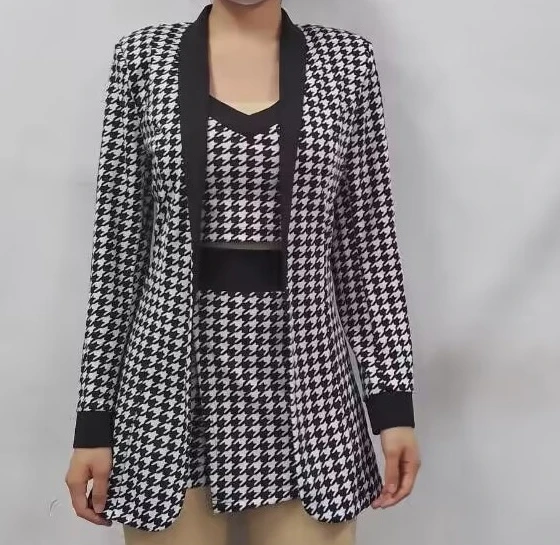 Women's Spring, Summer, and Autumn Career Interview Commuting Three Piece Houndstooth Printed Suit Coat and Shorts Short Top