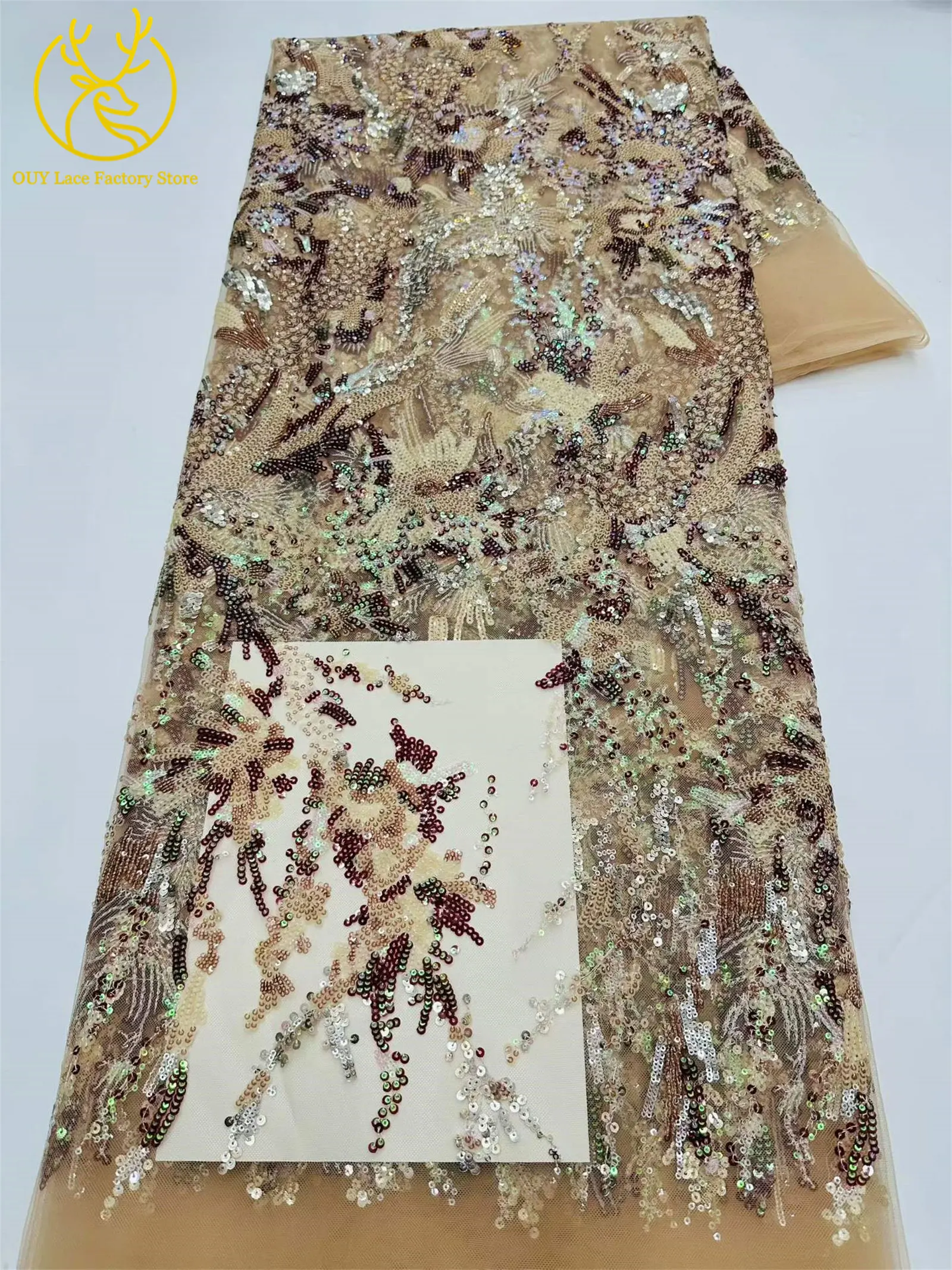 Roter afrikanischer Pailletten-Spitzenstoff, 5 Yards, hochwertiger, eleganter französischer Stickerei-Spitzenstoff für Hochzeits- und Abendkleider zum Nähen – Detail 16