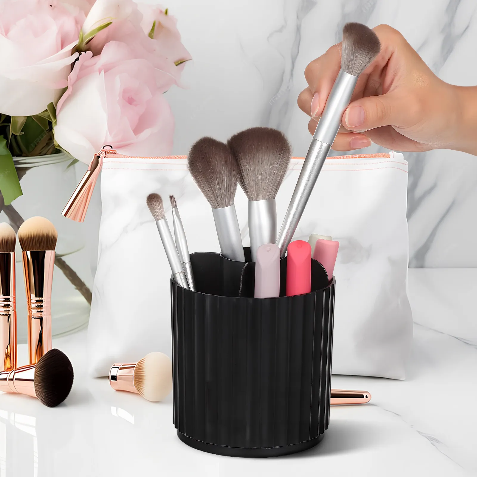 Makeup Brush Holder Organizer For Vanity Desk Organizer Professional Makeup Artist Rotating Clear Divided Sections