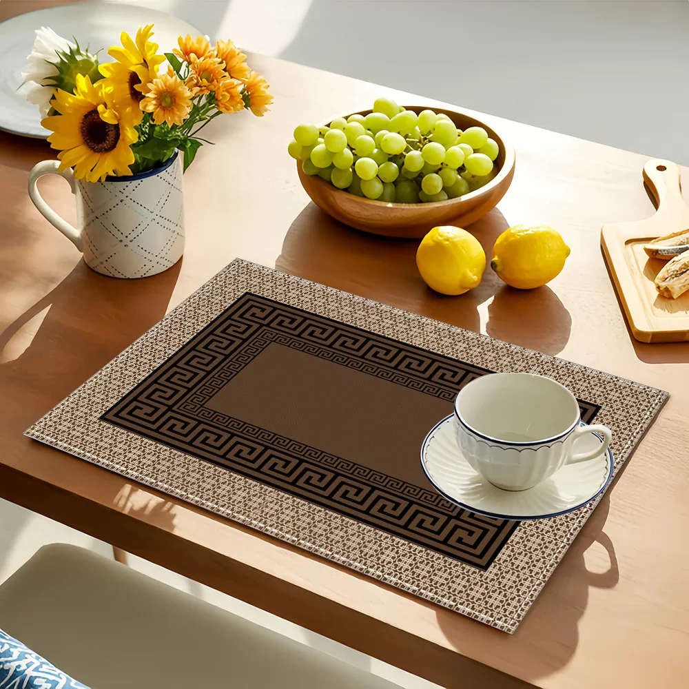 VIKAMA Linen Greek Key Border Square Placemat Non Slip Waterproof Heat Resistant Dining Table Mat for Holiday Party Decor