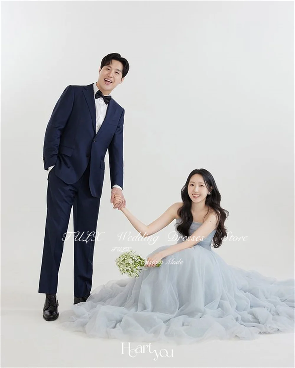 TULX princesa tul azul claro Corea vestido de novia sesión de fotos sin tirantes una línea plisado vestidos de fiesta de graduación hasta el suelo corsé espalda