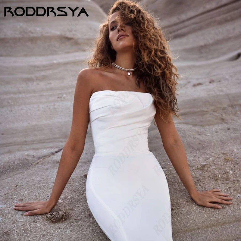 RODDRSYA Beach abito da sposa a sirena per donna abiti da sposa senza spalline in raso morbido senza maniche Lace Up Backless Vestidos De Novia Beach abito da sposa a sirena per donna abiti da sposa senza spalline in r