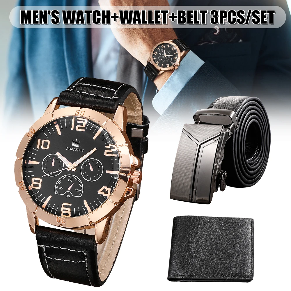 Men's Watch+Wallet+Belt Set Male's Gift for Father's Day Birthday Gift 3pcs/set for Dad Boyfriend Casual Quartz Watch SAL99