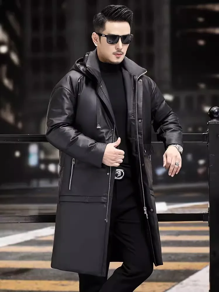 Winter Mens Cowhide Genuine Leather Down Coat Loose Fit Straight High Street Casual Outerwear Male Hooded Long Jacket Size:M-5XL